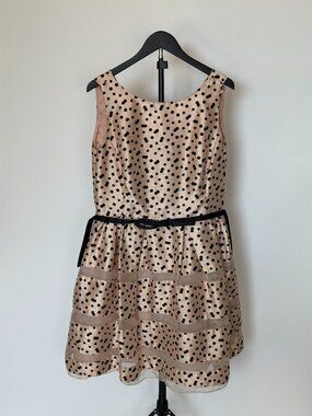 Polka Dot Fit & Flare Dress Beige Black Ribbon Belt